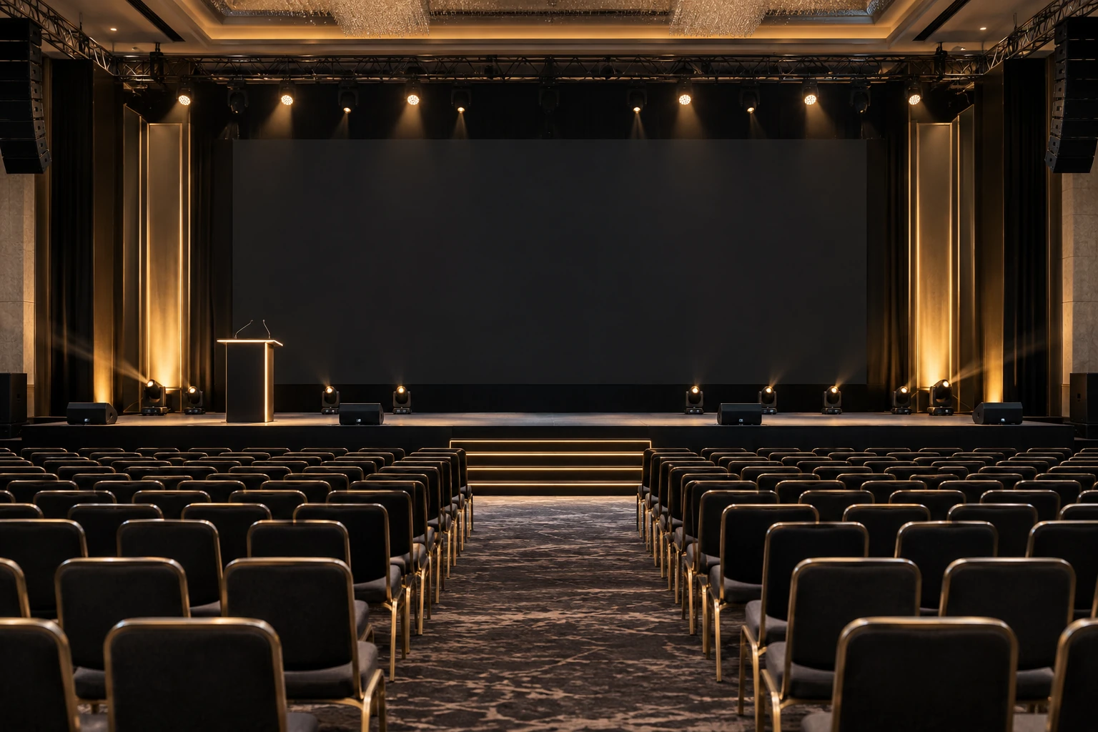 Ilustrativni prikaz konferencijske sale sa LED ekranom, govornicom i tehničkom postavkom